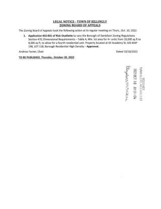 Legal Notice for ZBA Action Taken (10-13-22)